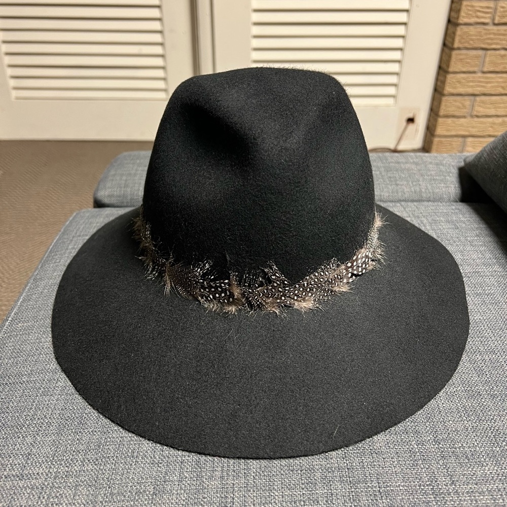 August Hat Co. black felt hat feather band floppy brim